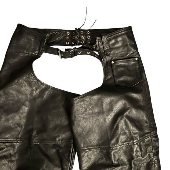 American Top Black Leather Zipper Adjustable Belt Motorcycle Chaps Plus Size 3X - Picture 7 of 9